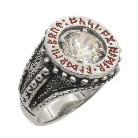 Badali Jewelry Dwarven Ring of Power in sterling silver with a clear stone ringed by red runes