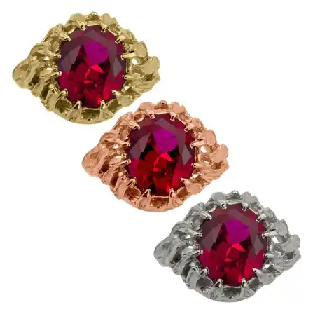 Badali Jewelry Gold Narya in yellow, rose and white gold, each set with a red stone