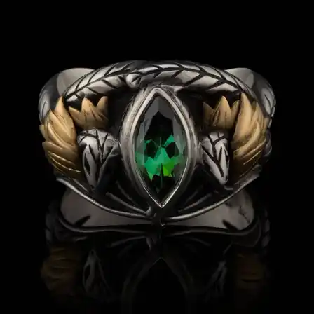 Wētā Workshop Ring of Aragorn in silver and gold with a green stone, on a black background