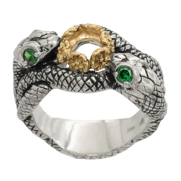 Badali Jewelry Ring of Barahir in sterling silver, two serpents with green eyes under a gold crown